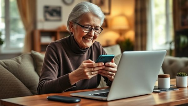 Elderly woman smiling using smartphone, tips for living with diabetic macular edema.