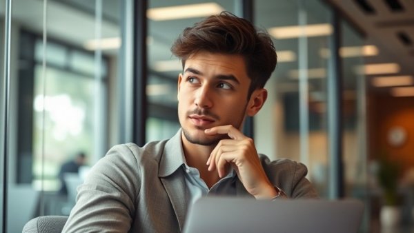 Confident young man in office contemplating rich retirement habits.