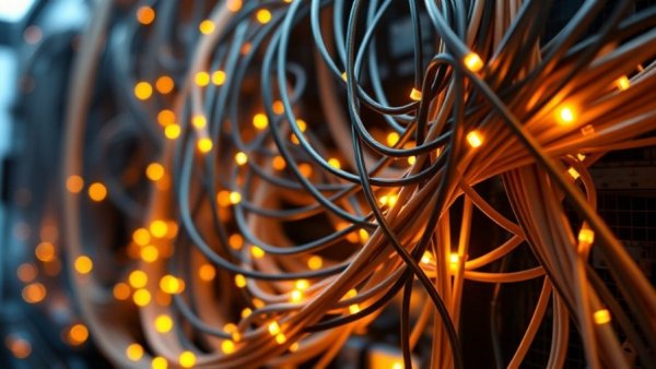 Network server cables close-up, data center environment, highlighting fiber connections.