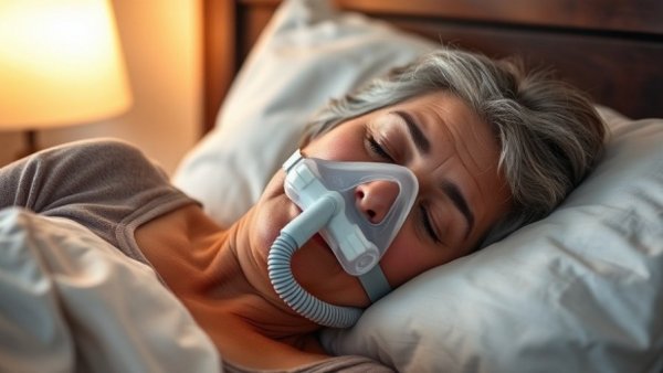 Middle-aged woman using CPAP mask sleeping in bedroom.