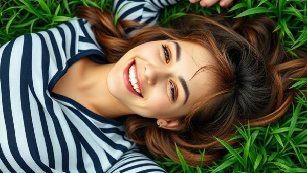 Smiling young woman on grass, weekly horoscope theme