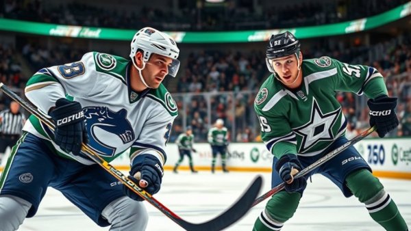 Vancouver Canucks and Dallas Stars players competing on ice.