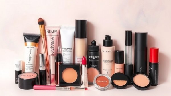 Assorted high-end makeup products for makeup longevity tips flat lay.