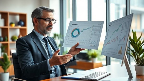 Confident financial advisor presenting in modern office.