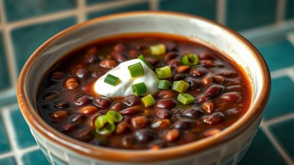 Delicious black bean soup with sour cream and green onions, perfect 5-ingredient dinner for busy families.