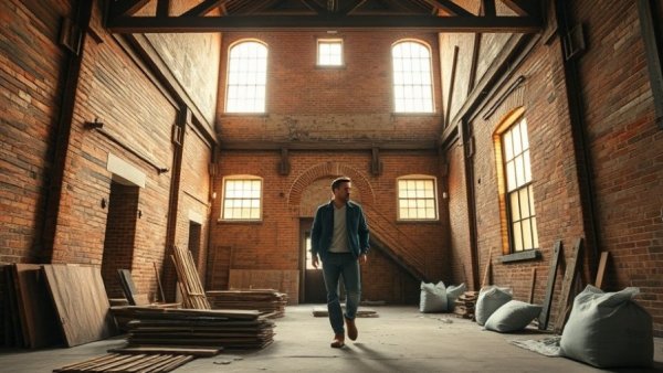 Exposed brick building under renovation in Denver with a person walking.