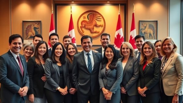 Vancouver news: diverse professionals at official event with flags and artwork.