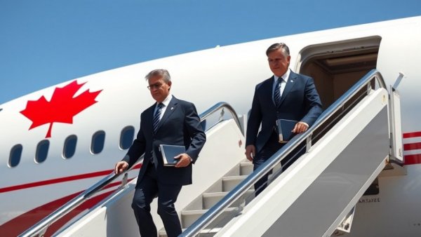 Mark Carney visit to Australia; descending airplane stairs from plane with Canadian emblem.