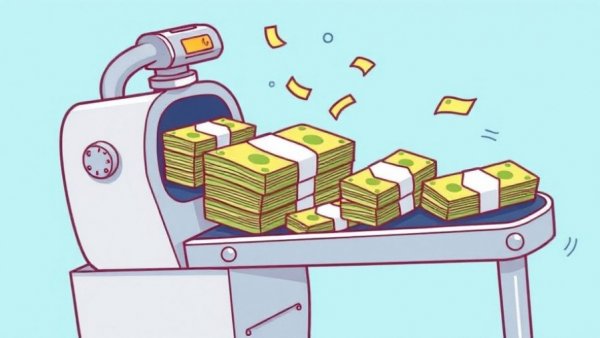 Cartoon money machine turning stacks of cash into smaller bundles.