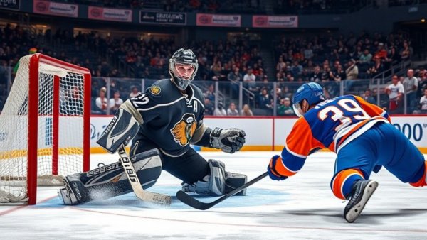 NHL Vancouver players in dynamic ice hockey action near the goal.