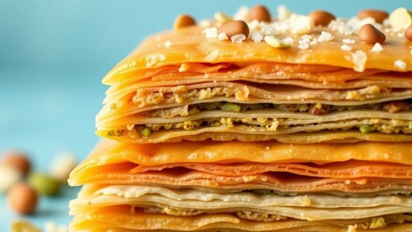 Close-up of flaky pistachio baklava, showing layers and nuts.