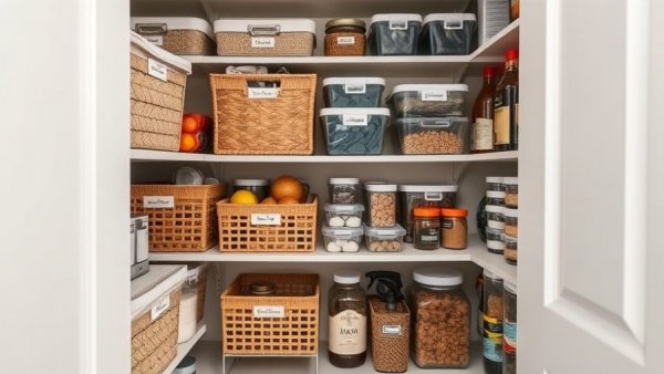 Neatly organized small pantry with baskets and containers for 2026 ideas.