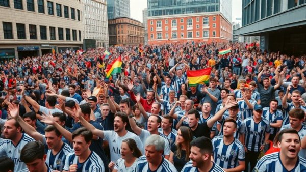 Jubilant soccer fans in Surrey fan zone celebrating.