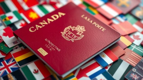 Canadian passport on international flags representing immigration.