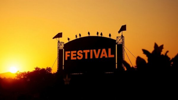 Silhouetted 'Up In The Sky' festival sign against sunset.
