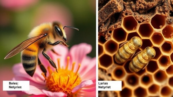 Bee roles in the hive: forager bee on flower, larvae in honeycomb