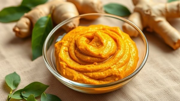 Curcumin paste for indigestion relief with ginger and leaves.