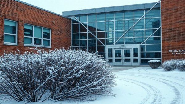 Broomfield school building during snowfall amid measles outbreak.