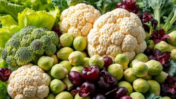 Fresh cruciferous vegetables, including broccoli, cauliflower, Brussels sprouts, photorealistic.