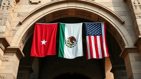 Flags of Canada, Mexico, and the U.S. in historical archway representing trade talks