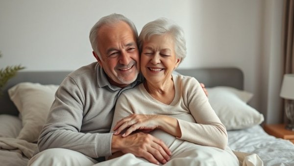 Older couple embracing and smiling in serene bedroom, highlighting sex span longevity.