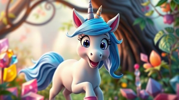 Whimsical unicorn with blue hair in a magical forest, 2023.