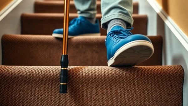 Older adult with cane carefully descending stairs, depicting frailty.