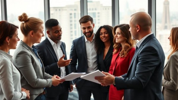 Professionals discussing mortgage rates and financial advice in a modern office.