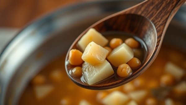 Wooden spoon with potatoes and chickpeas in soup, grandma-style potato cutting.
