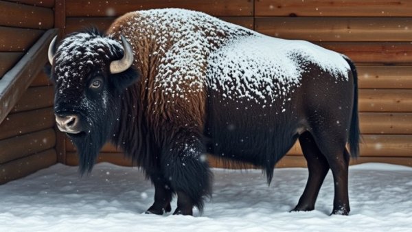 Snow-covered bison in wooden enclosure during Denver snow.