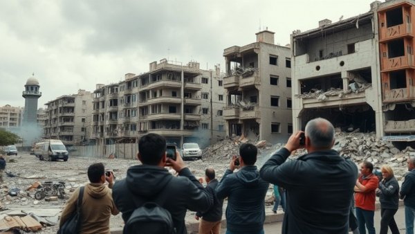 Israeli operations in Lebanon: war-torn urban landscape with observers.