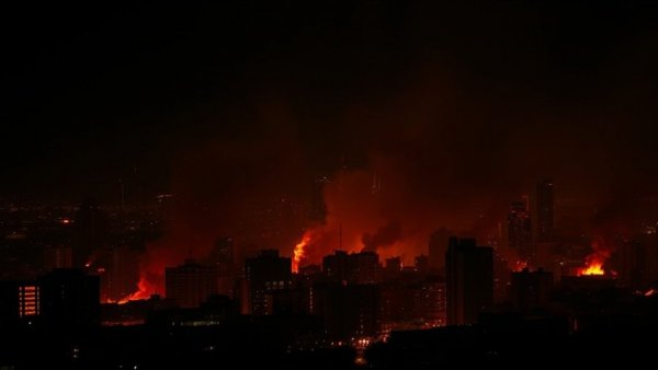 Fires illuminating Lebanese cityscape at night amid conflict.