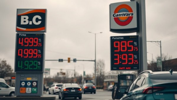 Modern gas station sign showing B.C. gas prices with overcast sky.