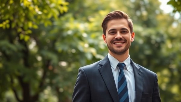 Young man in a suit smiling outdoors, related to British Columbia Budget 2026 productivity plan