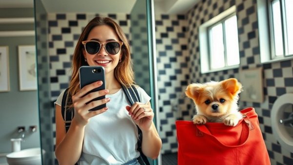 Trendy dog travel carriers with small dogs.