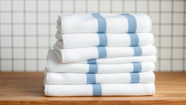 Best affordable kitchen towels, white with blue stripes, neatly stacked.