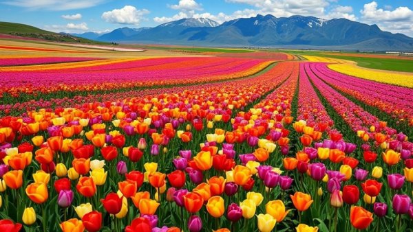 Colorful tulip fields at Harrison Tulip Festival with mountain view.