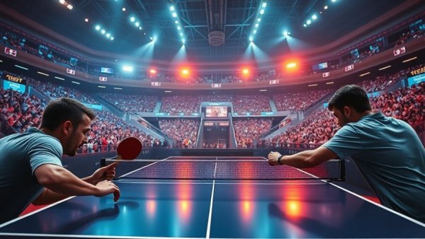 Futuristic table tennis match in 2025 stadium