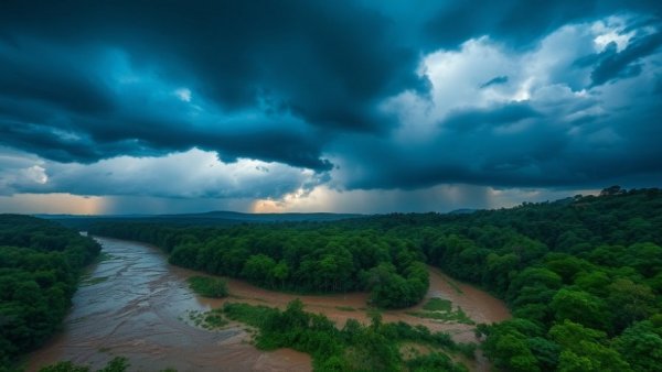 Atmospheric river impact on B.C. with dramatic storm clouds and flooding.