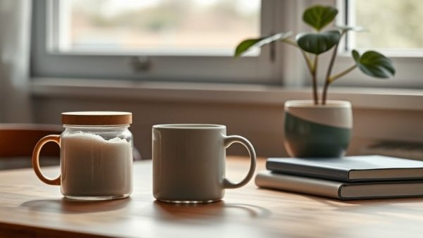 Serene tabletop with coffee mug and jar for ways to make collagen more effective.