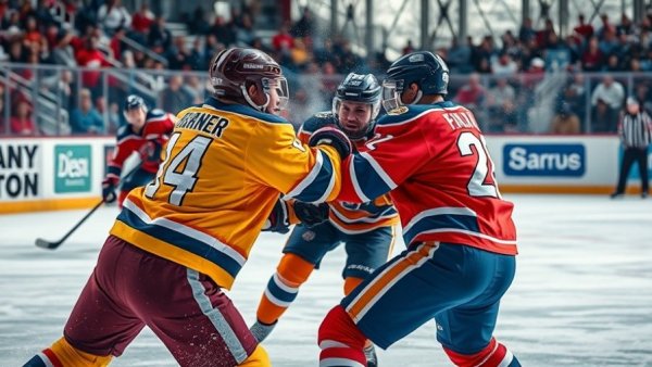 Intense moment in one of the best NHL outdoor games, players in action.