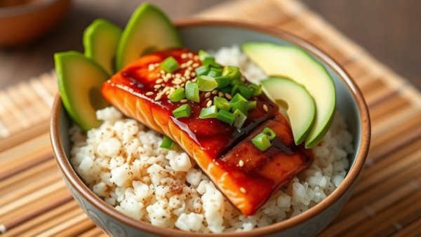 Glazed salmon rice bowl with avocado and green onions, easy rice bowl recipes.