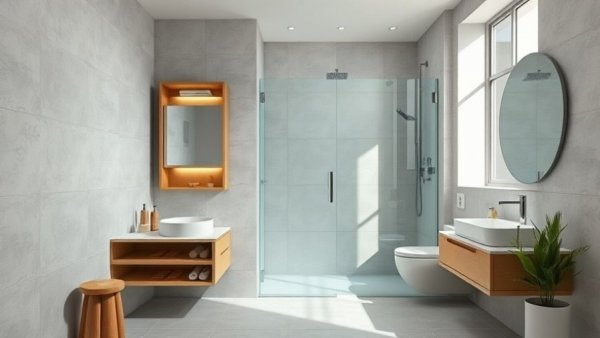 Modern bathroom with hidden storage and glass shower enclosure.