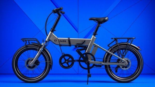 Folding electric bike review on geometric blue background.