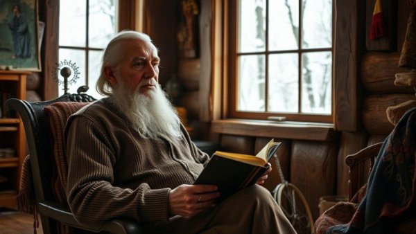 Elderly man reading in a cozy cabin during Colorado winters.