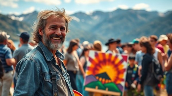 Artist showcasing paintings at outdoor Aspen art exhibit, vibrant setting.