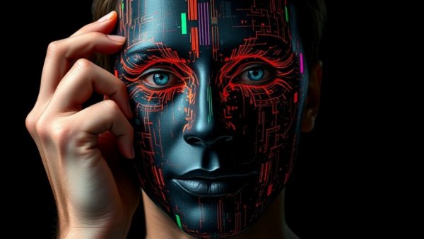 AI face models scams: Surreal illustration with digital glitch face.