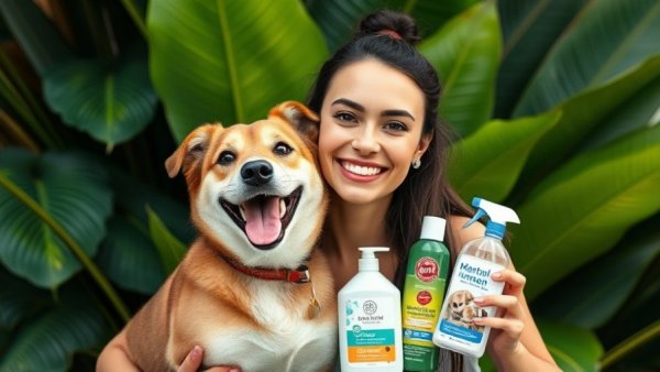 Happy woman with dog and pet cleaning products, Vancouver Pets.