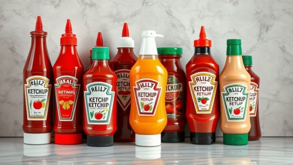 Various ketchup bottles showcasing best ketchup brands arranged on marble.