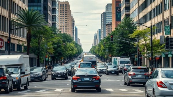Busy Denver street with traffic and pedestrians during the day.